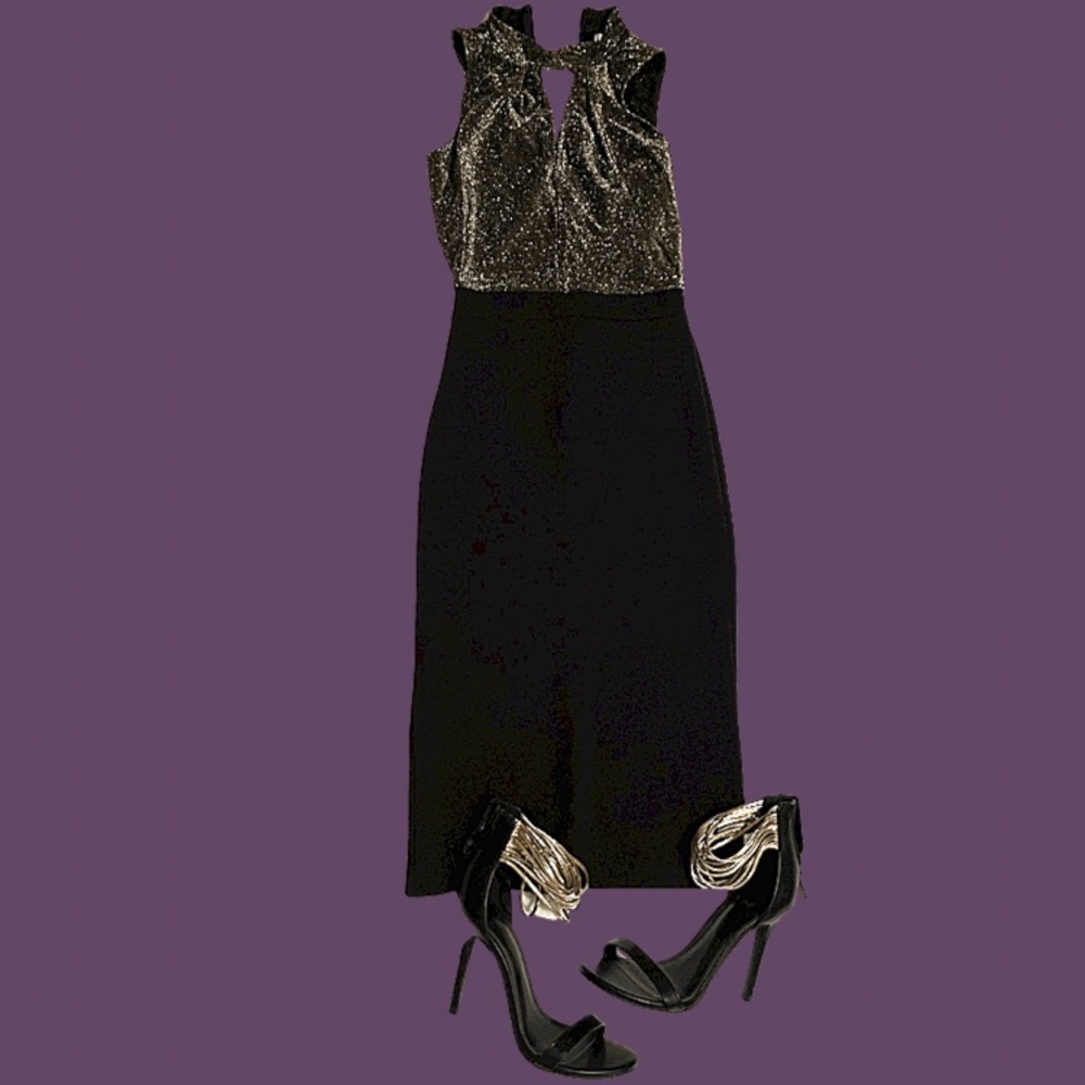 Sleeveless cutout mock turtleneck bodycon dress.